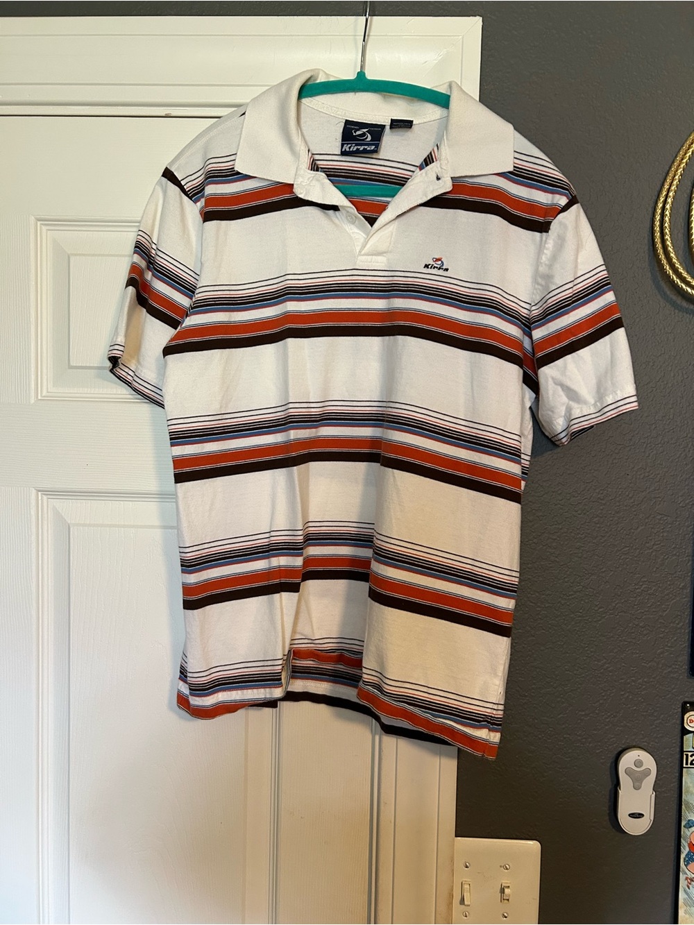 Kirra White Polo with Brown, Red and Blue Stripes